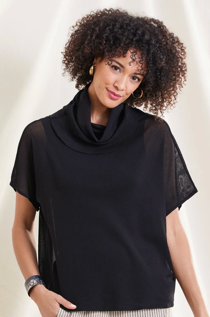Cynthia Ashby Women's Top L 16-18 Plus Draped Mesh Black Cowl Neck Sheer Goth